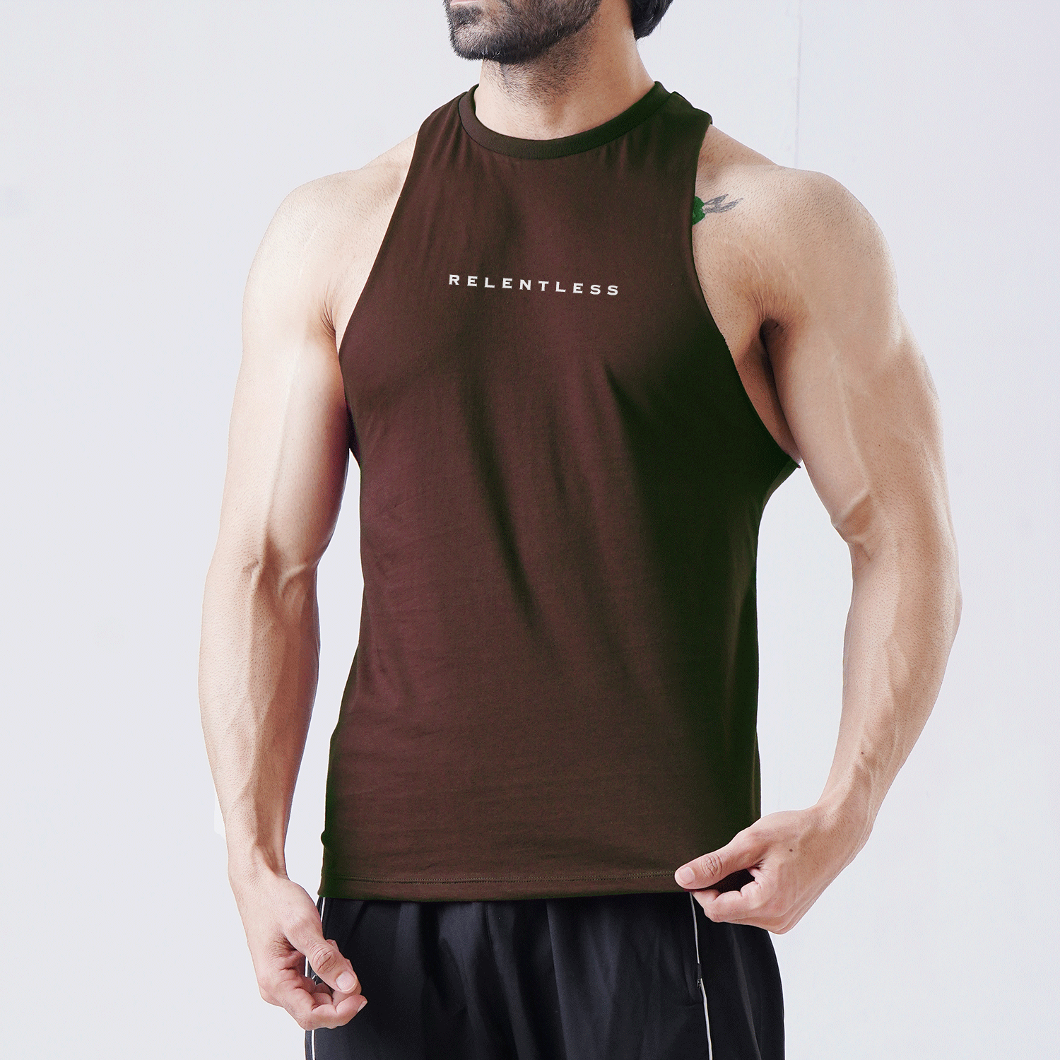 Tf-Brown Deep Cut Muscle Tank Top